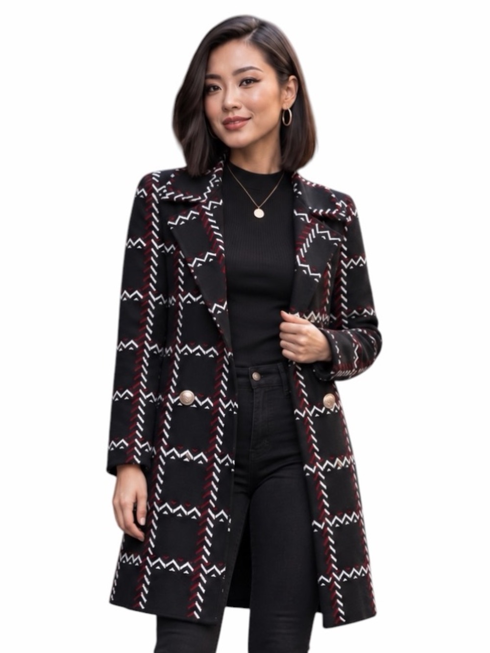 Kasper Medium Black Red & White Plaid Knit Coat Chic Professional Coatigan